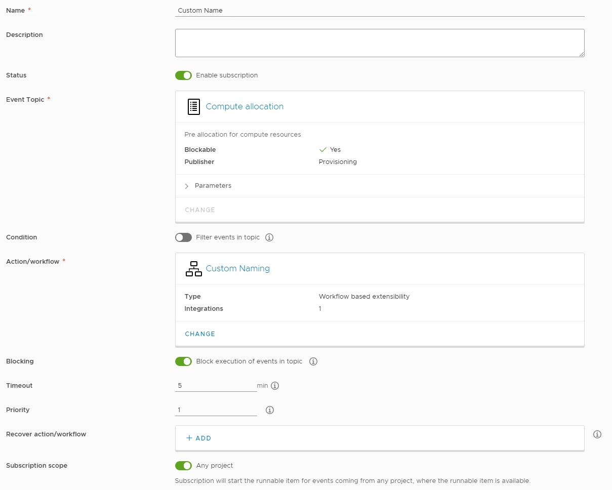 vRO subscription for custom naming