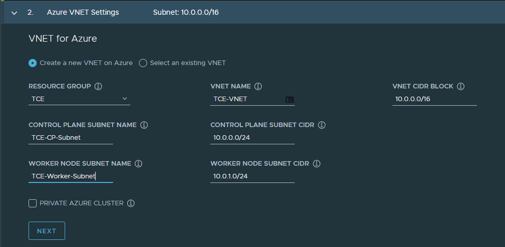 Azure VNET Settings