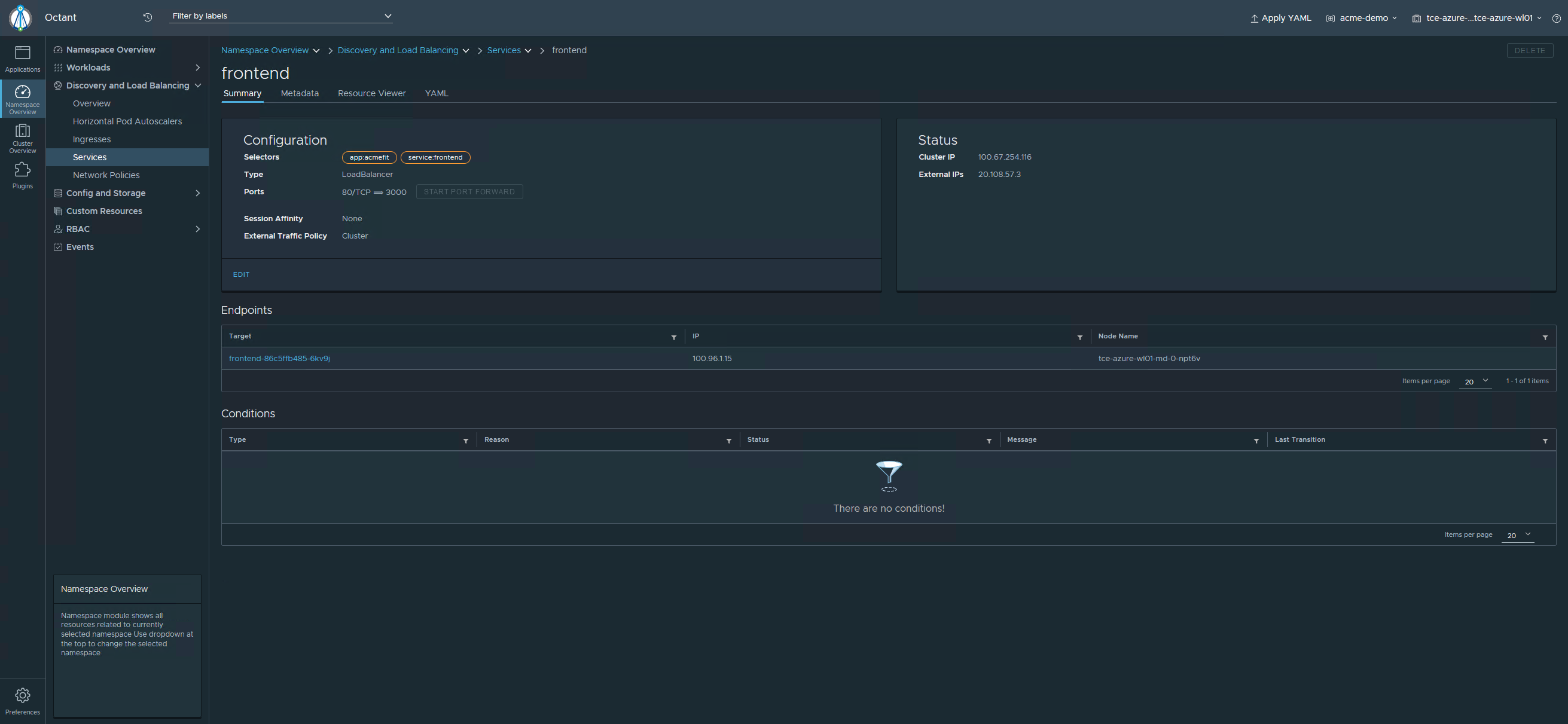 Octant Frontend service screen