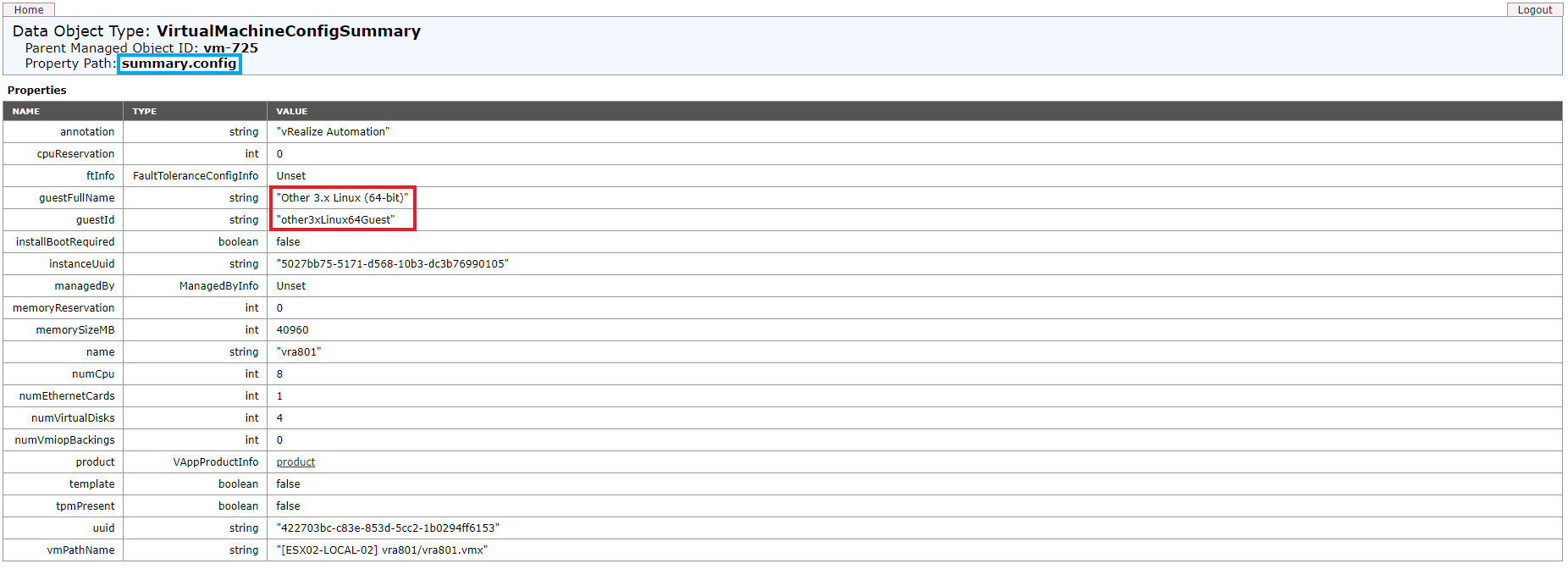 Virtual Machine summary.config page with highlighted properties "guestFullName" and "guestId"