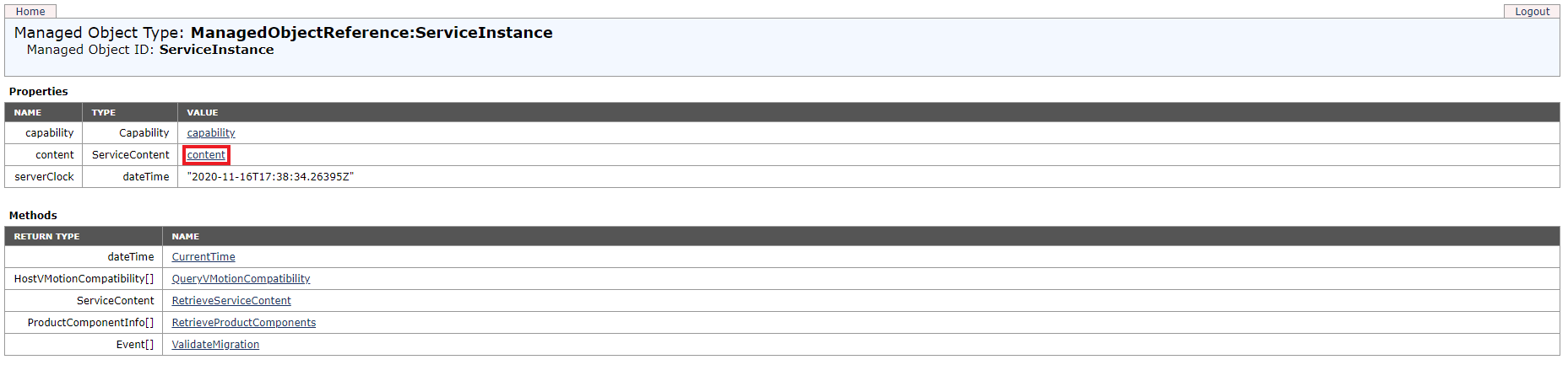 The top level location within the MOB, which provides links to vSphere content
