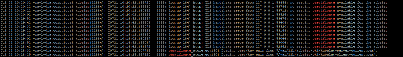 Kubelet service status with TLS/certificate errors in the logs