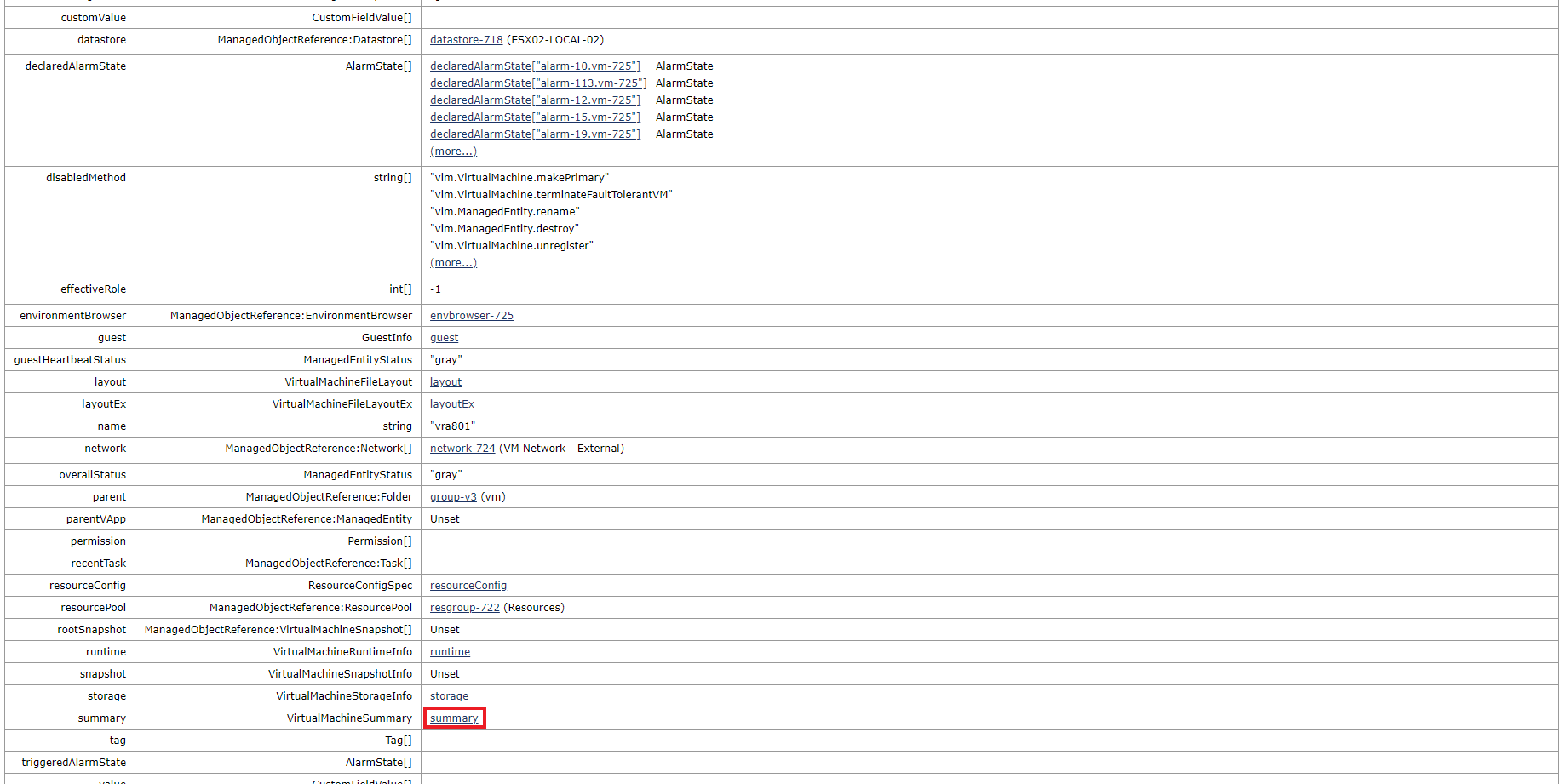 Virtual Machine object page with link to summmary page highlighted