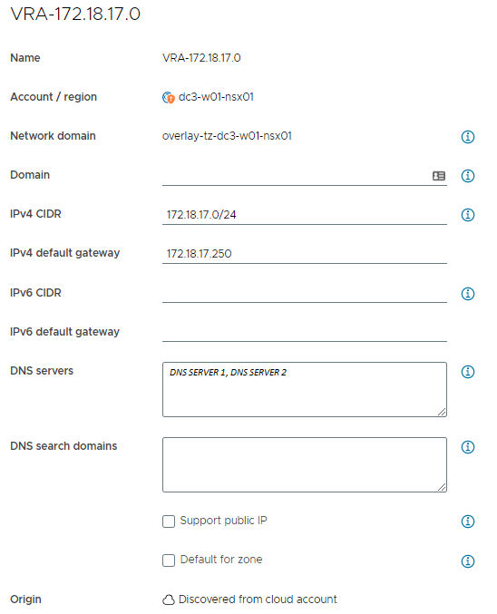 vRA Network Settings