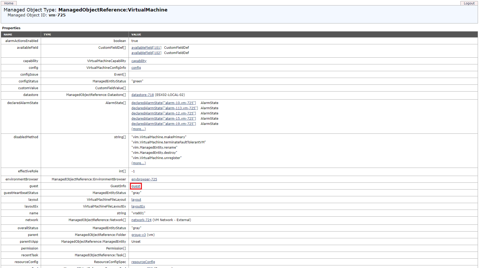 Virtual Machine object page with link to guest page highlighted