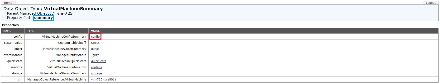 Virtual Machine summary page with link to config page highlighted